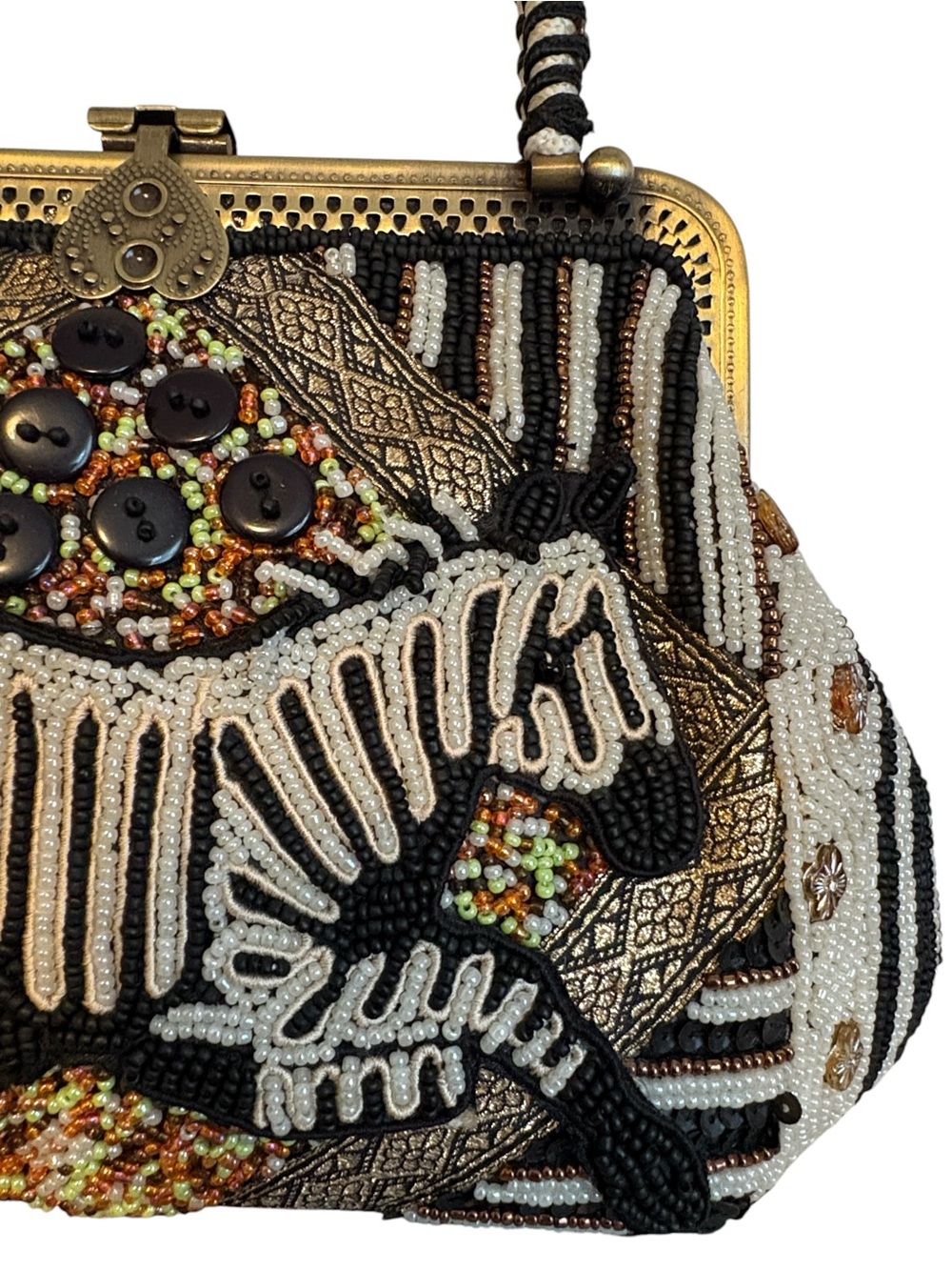 Vintage Beaded Zebra Bag Coldwater Creek Tassel Accents Gold Tone Black & White - Picture 4 of 10